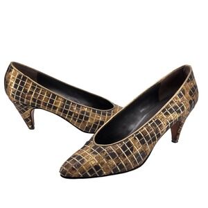 Vintage Sesto Meucci Pumps 7.5 N Gold Bronze Grid Kitten Heel Italy 80s Luxury